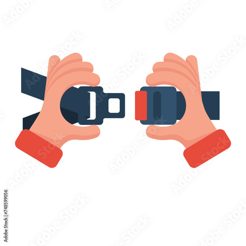 Safety First concept. Seat Belt. Man fasten buckle hands. Safety of movement on car, airplane. Vector illustration flat line design. Isolated on white background. Protection driver and passengers.