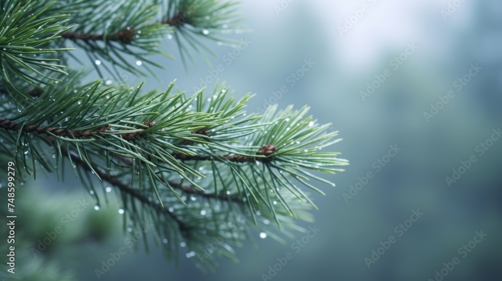 a close up of a pine tree branch with drops of water on it's needles and a blurry background.