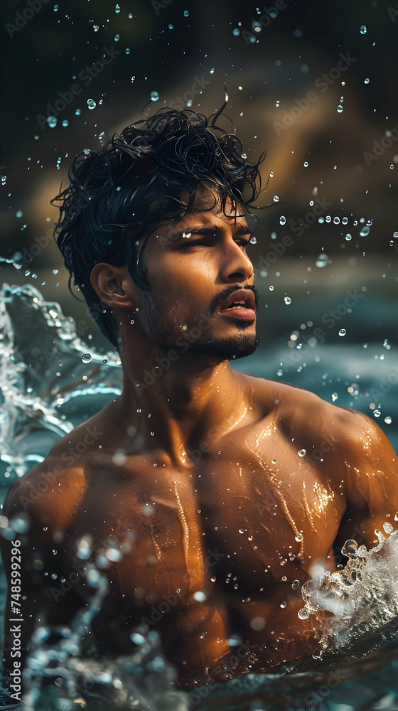 handsome shirtless man in water photo