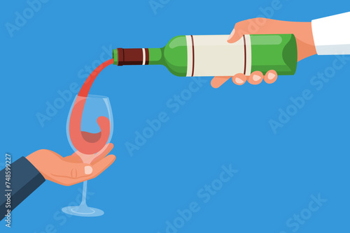 Pour wine from a bottle. The bartender holds a bottle of wine in hand and pours it into the client's glass. Vector illustration flat design. Isolated on white background.