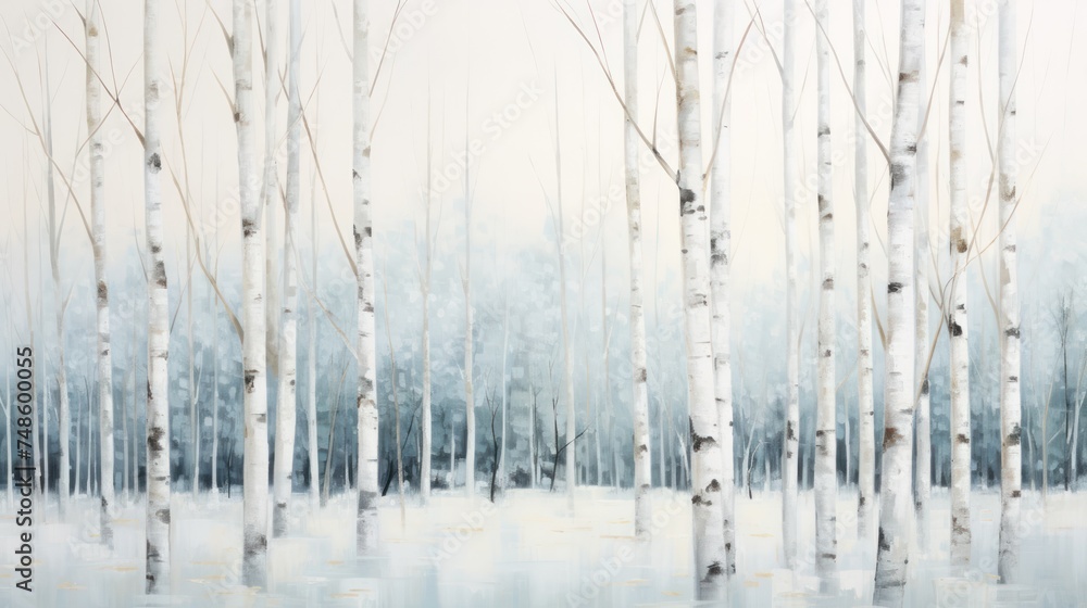 a painting of a group of trees with snow on the ground and one of the trees has no leaves on it. a painting of a group of trees with snow on the ground and one of the trees has no leaves on it.