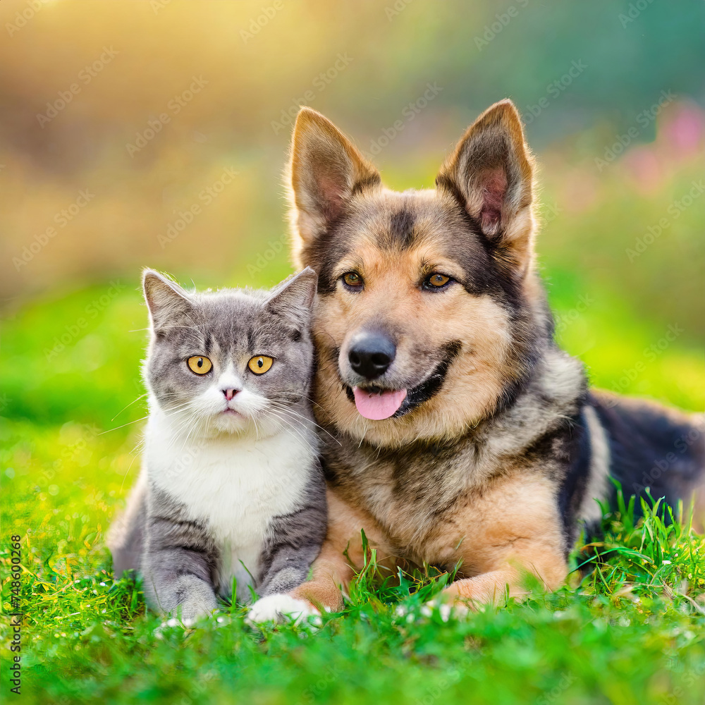 Carnivore vertebrates dog and cat happily laying on grass together