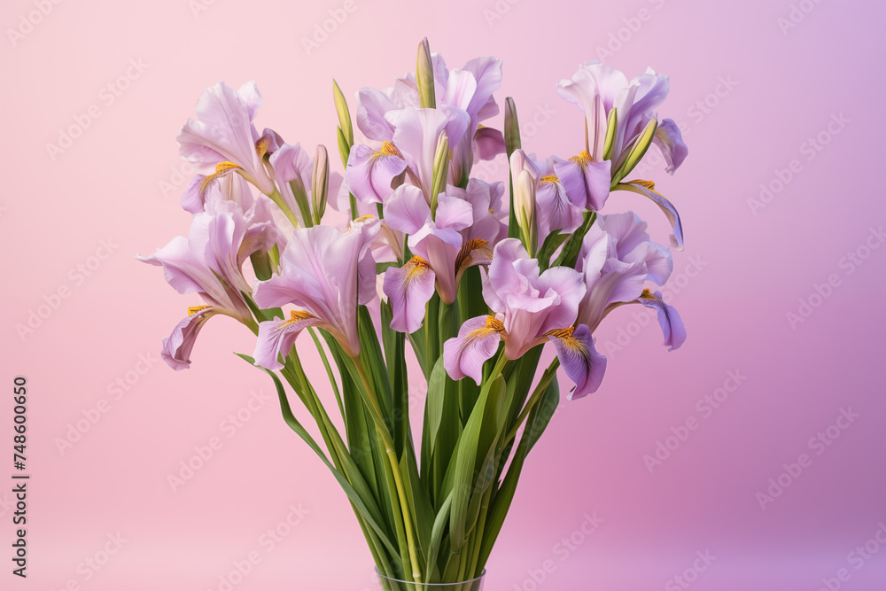 A bouquet of Iris on a simple light pink background