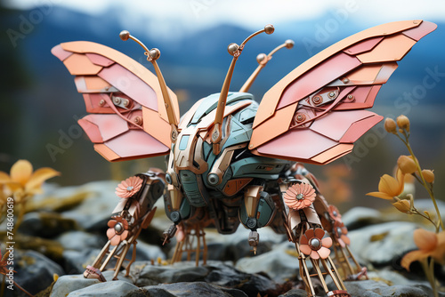 Mechanical butterfly with ornately designed wings rests upon a bed of river stones, blending natural and engineered beauty.