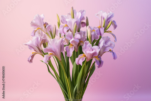 A bouquet of Iris on a simple light pink background