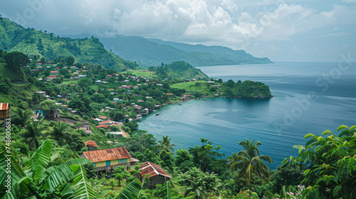Panoramic view of the village on the coast of the island of Comoros. photo