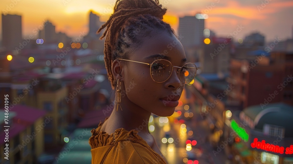 Naklejka premium Portrait of young beautiful african woman with dreadlocks in Johannesburg city at sunset.