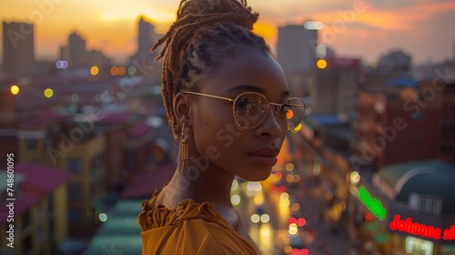 Portrait of young beautiful african woman with dreadlocks in Johannesburg city at sunset.