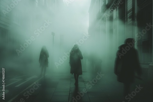 Group of People Walking Down Foggy Street