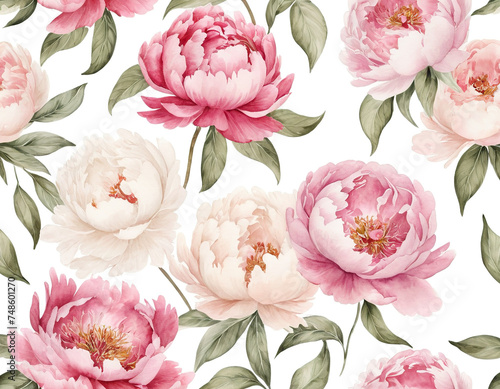 watercolor peonies, in shades of pink and cream, vector on white background