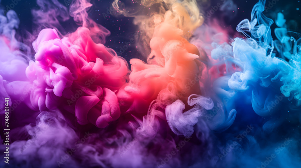 Fototapeta premium Vibrant colorful blue, purple and pink smoke floating on black background. Suitable for overlay quote or text on it for Holi festival presentations or banner design.
