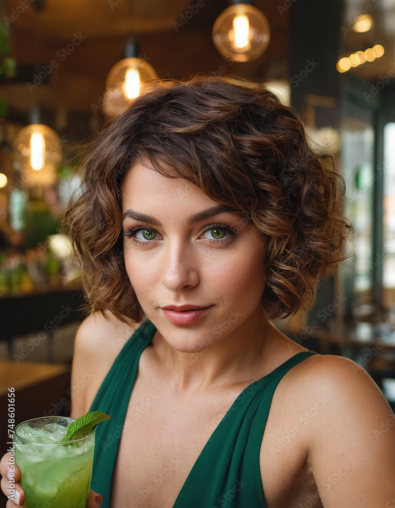 portrait of a girl with green eyes and beautiful short wavy hair on the cafe. relax. takes a selfie. drink coffee
