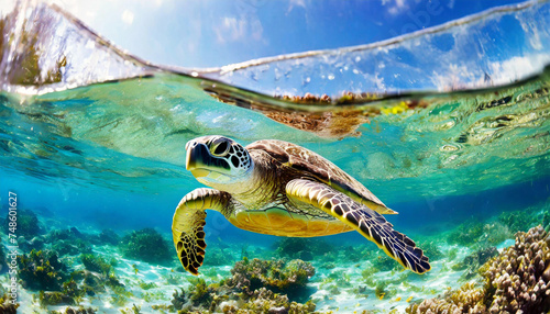 Close-up of a sea turtle swimming under the ocean surface, side and front view, clear sky on background. Generative Ai.