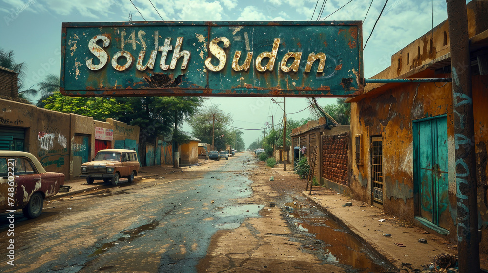 Vintage street sign with the name of South Sudan.