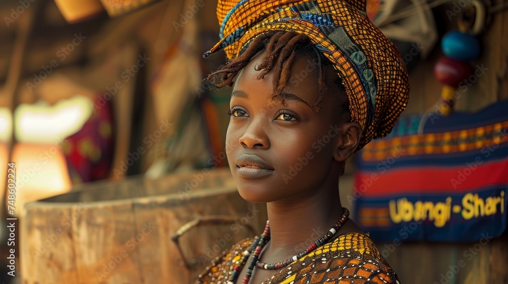 Portrait of a beautiful young African woman in traditional clothing at the local market at Ubangi Shari.