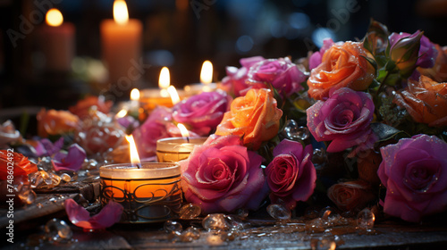 Romantic Roses Candles Celebration Festive Arrangement