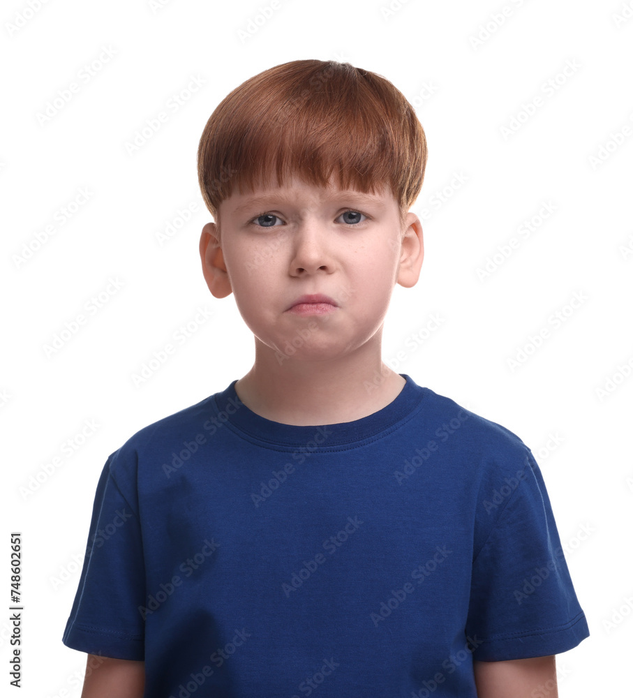 Portrait of sad little boy on white background Portrait of sad little boy on white background