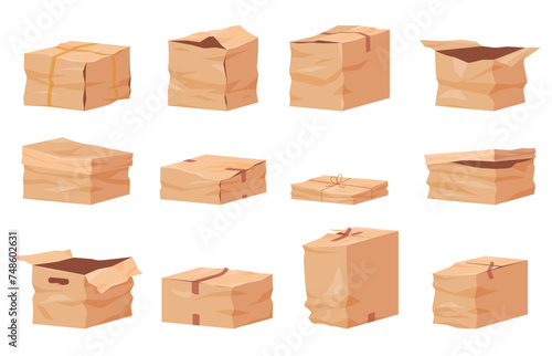 Damaged cardboard boxes. Torn and bent transport packaging. Damaged parcels and cargo. Vector illustration