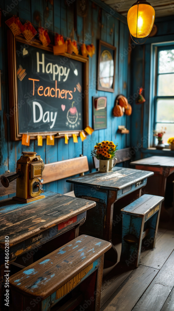 Vintage classroom with chalkboard celebrating Happy Teachers Day', featuring old wooden desks, a classic bell, and a nostalgic ambiance