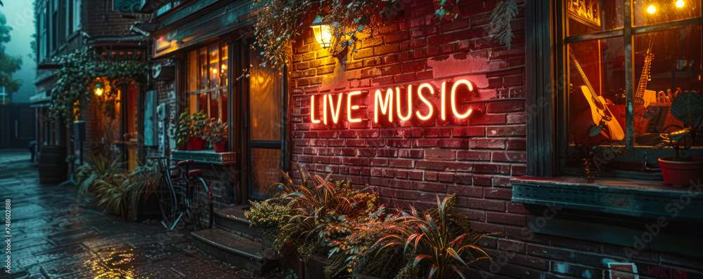 Rustic LIVE MUSIC neon sign on a brick wall, adorned with foliage, beckoning to the vibrant atmosphere of a venue with live performances - obrazy, fototapety, plakaty 