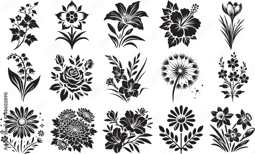 collection of mix different flowers, floristic shapes decorations - obrazy, fototapety, plakaty 