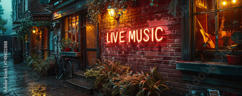 Rustic LIVE MUSIC neon sign on a brick wall, adorned with foliage, beckoning to the vibrant atmosphere of a venue with live performances photo
