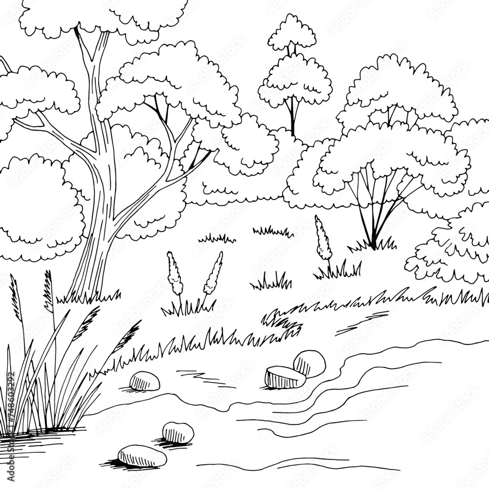 Naklejka premium Forest river graphic black white landscape sketch illustration vector 