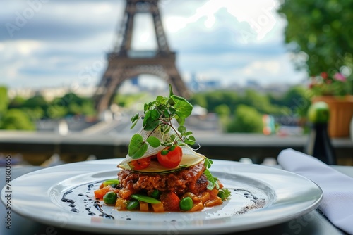 Fototapeta Naklejka Na Ścianę i Meble -  Parisian Culinary Journey: Chef Presents Ratatouille, a Burst of Colors and Flavors, Amidst the Majestic Silhouette of the Iconic Tower.