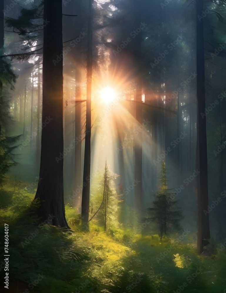 Forest sun beautiful view nature background magic rays Generative AI