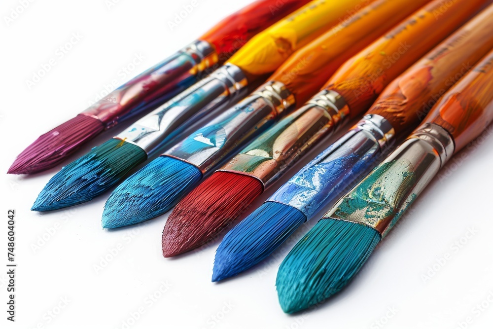 Set of paint brushes on white background, selective focus Set of paint brushes on white background, selective focus