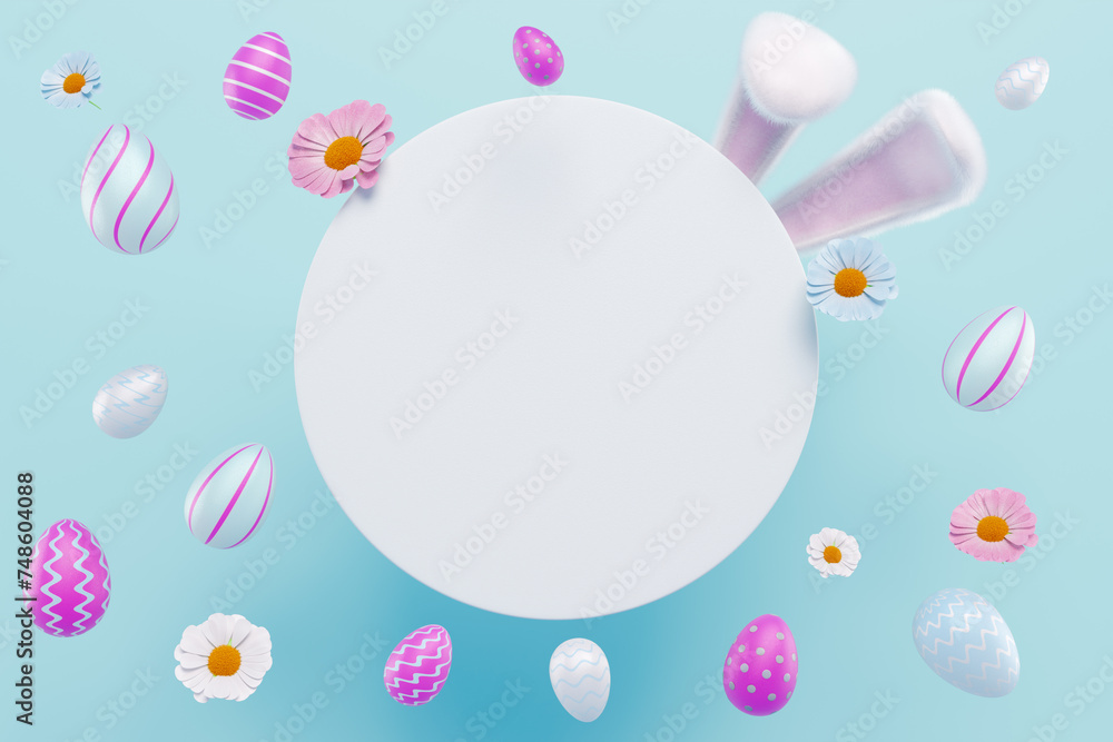 Easter composition.Eggs bunny ears flowers circle with place for text. 3d rendering