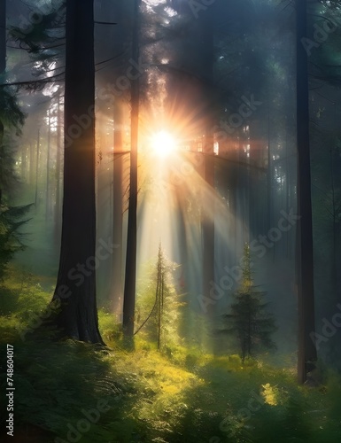 Forest sun beautiful view nature background magic rays Generative AI