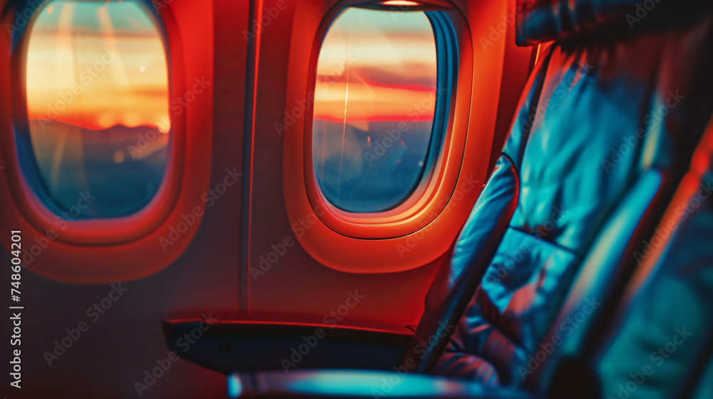 Airplane seat and window inside an aircraft. Image w