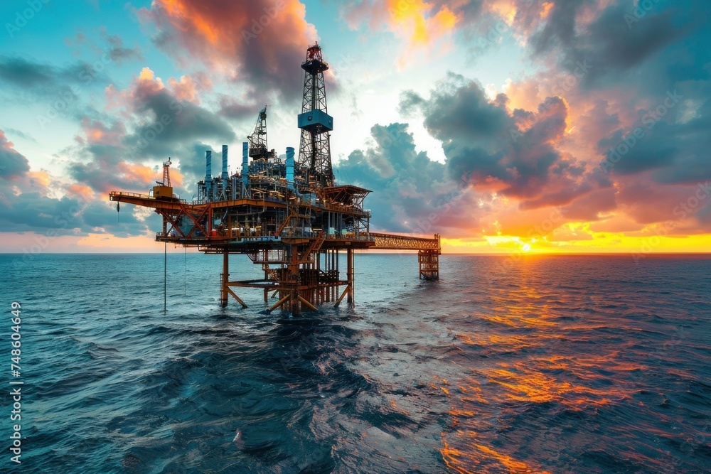 In the vastness of the ocean, a yellow platform serves as a crucial asset in the extraction of oil and gas reserves