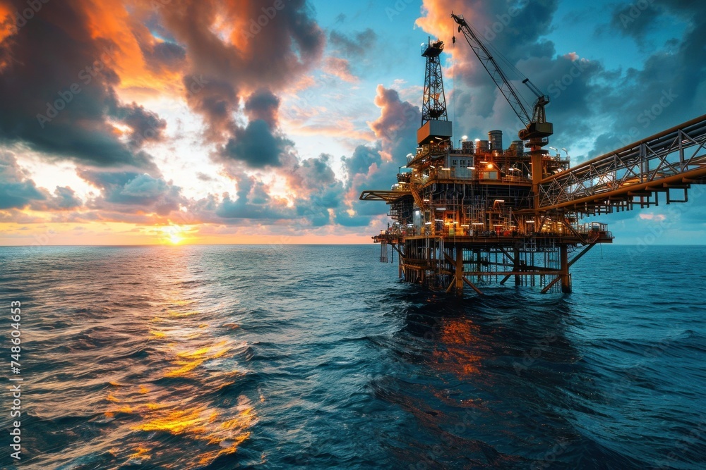 At sea, a prominent yellow platform is essential for offshore oil and gas extraction operations At sea, a prominent yellow platform is essential for offshore oil and gas extraction operations