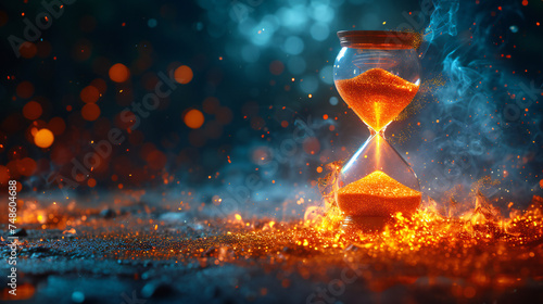 A glowing hourglass amidst sparkling lights and mystical smoke creates a magical scene. This image is perfect for: time, magic, mystery, fantasy art, abstract backgrounds.