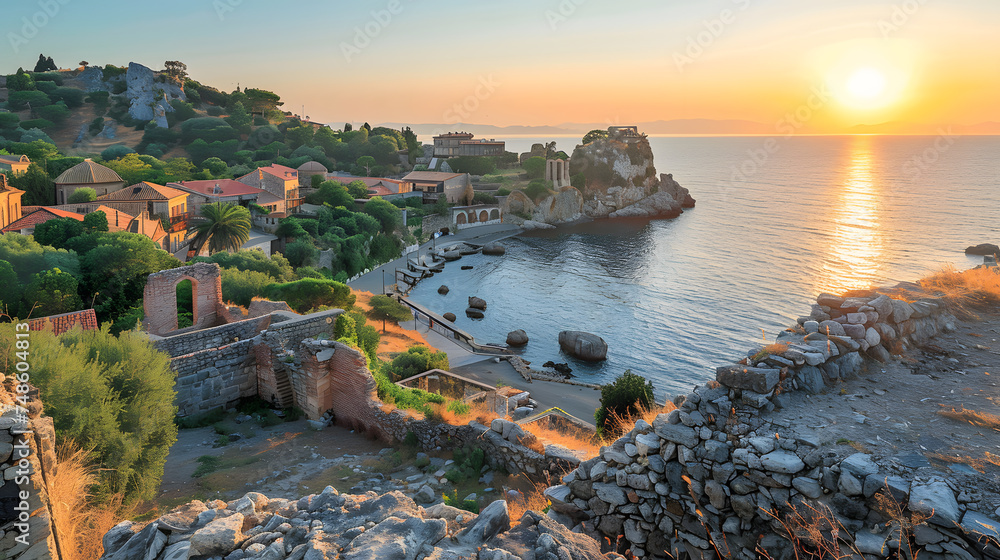 A historic coastal town, with ancient ruins overlooking the sea as the background, during golden hour