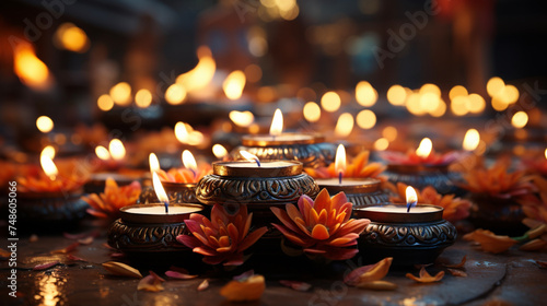 Glowing Candles Lotus Flowers Celebration Warm Lighting