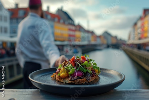 Fototapeta Naklejka Na Ścianę i Meble -  Savoring Tradition: Chef Showcases the Delights of Smørrebrød Against the Picturesque Backdrop of Nyhavn Harbor in Copenhagen.