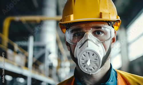 Worker of modern factory or distribution warehouse wearing respirator