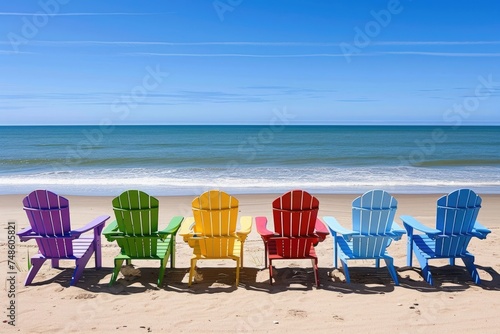 Beach colorful multicolored deck chairs standing in a row on tropical sand beach © stopabox