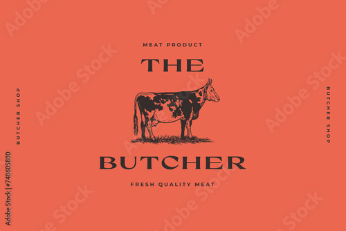 Logo template with cow silhouette. Butcher shops emblem. The image can be used for packaging design, restaurant menu, market design. Vector illustration.