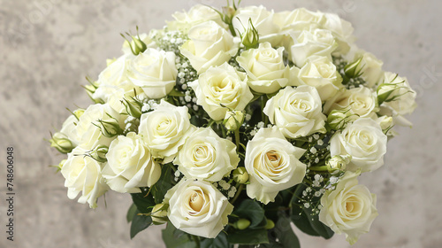 Bouquet of white roses close up on a light.