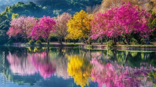 Reflection of vivid autumn trees in a tranquil lake, showcasing nature's palette and perfect for themes of tranquility, seasons, and outdoor beauty.