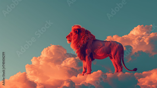 a statue of a lion standing on top of a cloud in the middle of a blue sky with pink clouds. photo