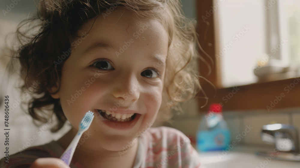 Child with a toothbrush grins joyfully during morning routine. Child with a toothbrush grins joyfully during morning routine.