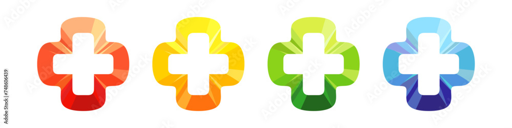 Set of creative crosses. Plus icon. Business logo concept. Cute colorful icons. Isolated cut logos with stained glass elements. Red, yellow, green and blue colors. Industrial symbol. Abstract texture. Set of creative crosses. Plus icon. Business logo concept. Cute colorful icons. Isolated cut logos with stained glass elements. Red, yellow, green and blue colors. Industrial symbol. Abstract texture.