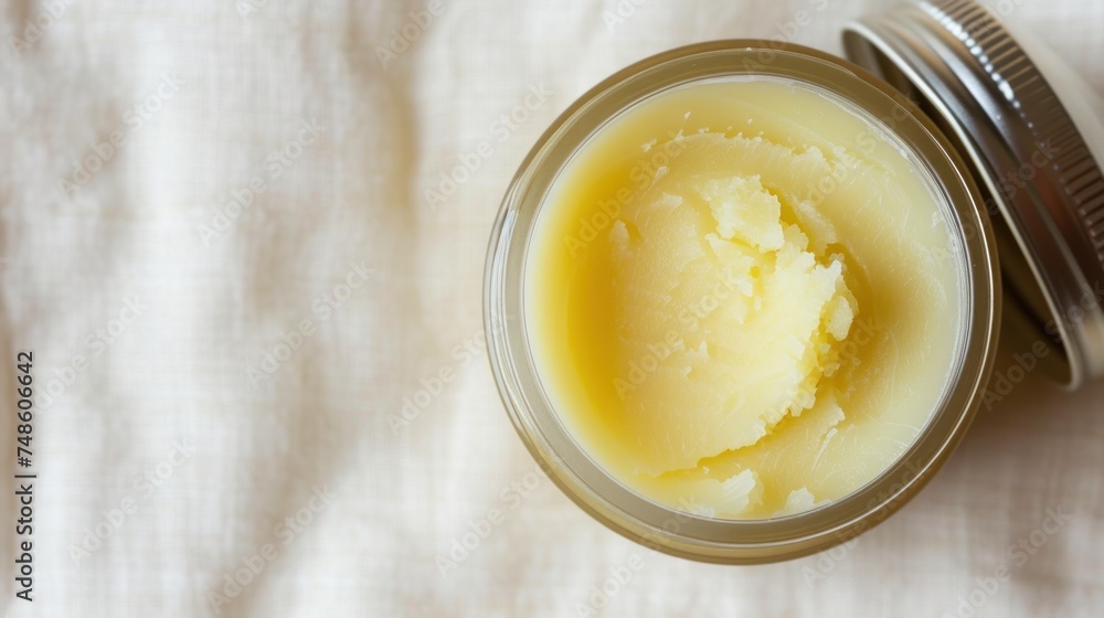 a jar filled with a yellow substance sitting on top of a white cloth next to a jar of yellow substance. a jar filled with a yellow substance sitting on top of a white cloth next to a jar of yellow substance.