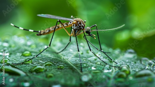Macro Shot of Mosquito on Dewy Leaf, Detailing Insect Anatomy and Nature's Microcosm