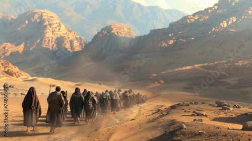 Nomadic travelers trek through sprawling desert dunes beneath vast mountain ranges.